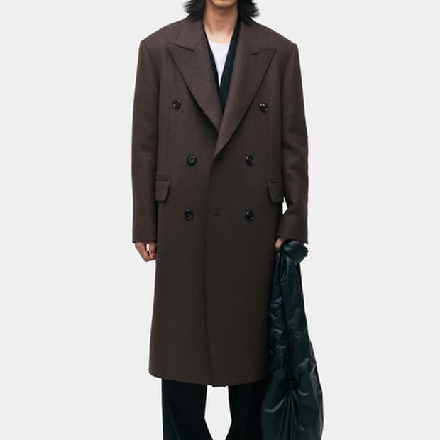 COOR 로우컷 피크드라펠 더블 코트(멜란지브라운, L, 새상품)