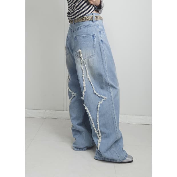 프린지 와이드 데님 팬츠