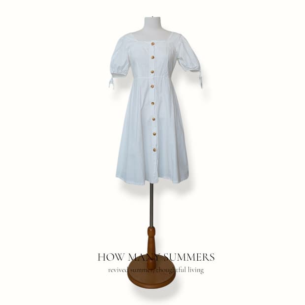 GRL 스퀘어넥 퍼프 원피스 화이트 M 버튼 반팔 소매 리본