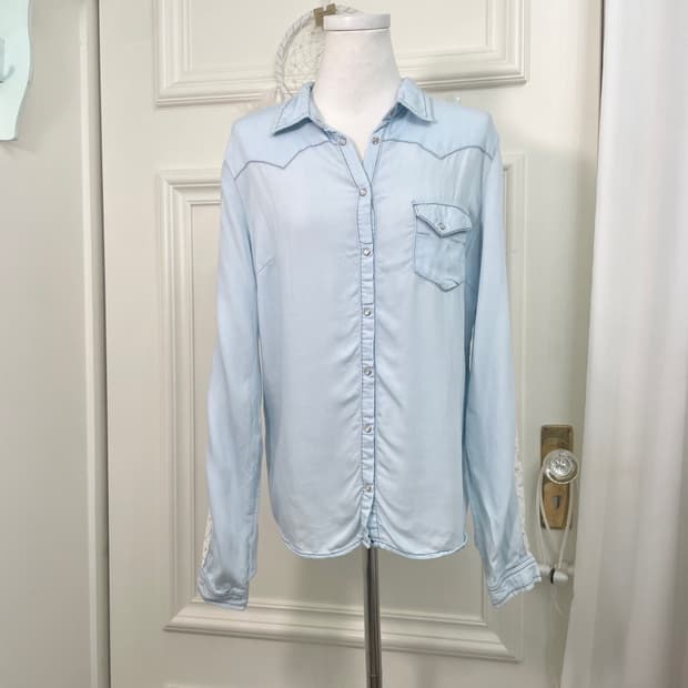 sky blue denim lace trim shirt