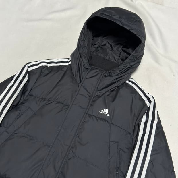 L 아디다스 화이트라인 블랙 후드 롱 패딩