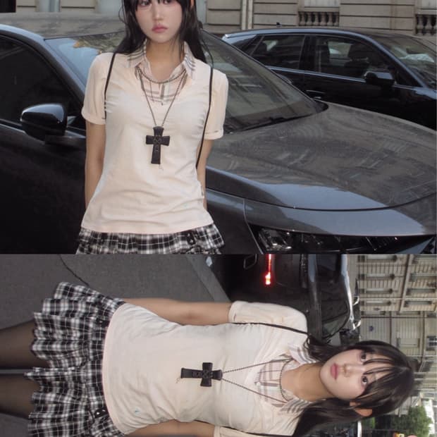 버버리 하치깔 뮤트핑크 히메 셔츠 레이어드 로고 디테일 반팔