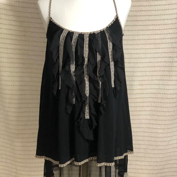 빈티지 엑시즈팜 자수 디테일 블랙 쉬폰 모리걸 레이어드 나시