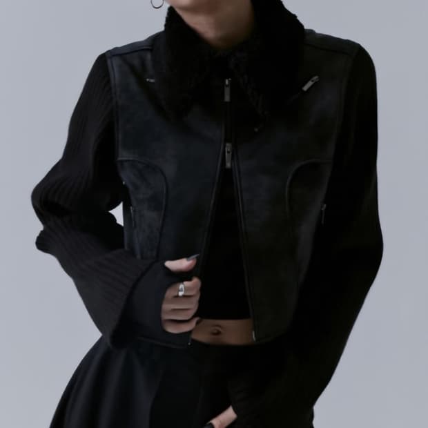 트리밍버드 니트 슬리브 투웨이 크랙 레더 자켓 블랙