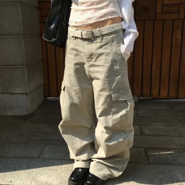 인디 빈티지 워싱 카고 와이드 팬츠 베이지