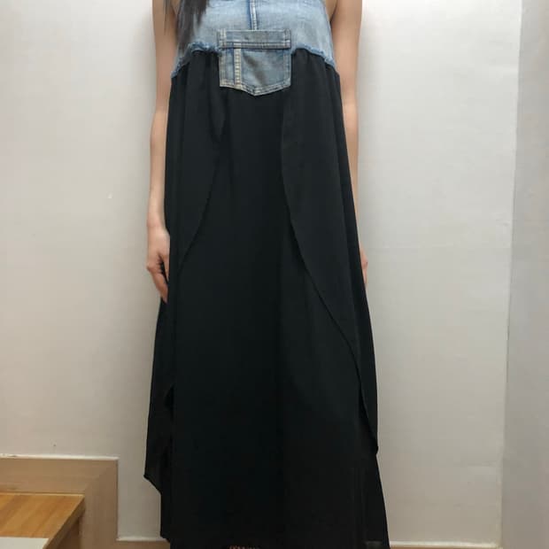 빈티지 블랙 데님 서스펜더 롱 원피스
