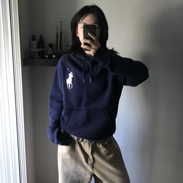 대장급 (주)두산 폴로 랄프로렌 00s 빅포니로고 네이비 써멀 후드티 