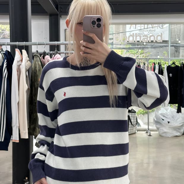 폴로 랄프로렌 스트라이프 네이비 화이트 긴팔 니트