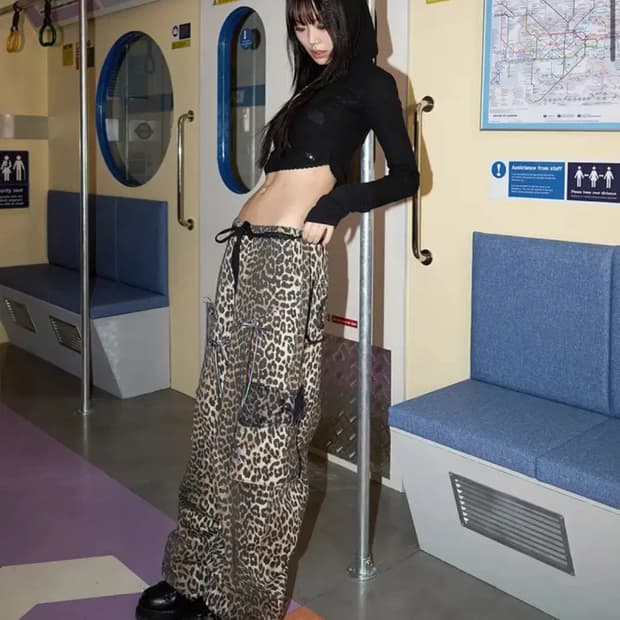 체리퀴리 레오파드 레이스 카고 팬츠 브라운