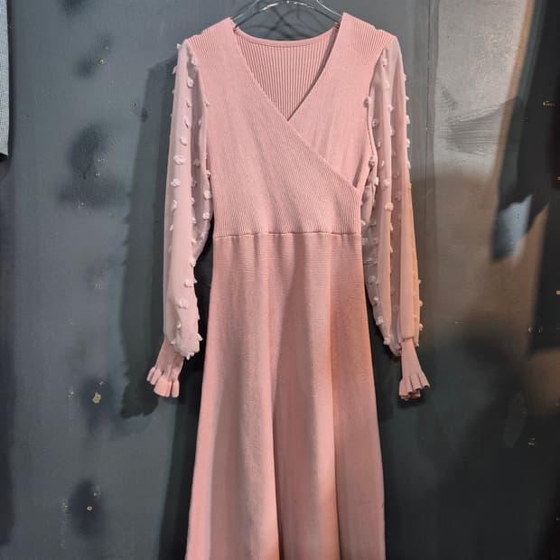 핑크 니트 롱 원피스 시스루 도트 소매 S