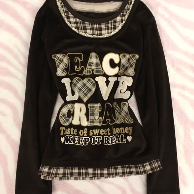 헤이세이 블랙벨벳 그레이체크 레이어드 롱슬리브 탑 티셔츠 갸루 조지후쿠