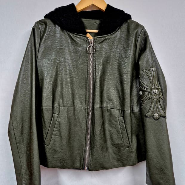 공용 크롬장식 니트후드 춘추  가죽자켓