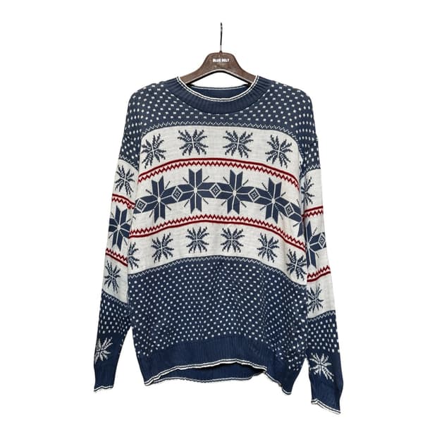  EURO VINTAGE 리브넥 노드릭 스웨터 도트 스노우 디테일 블루