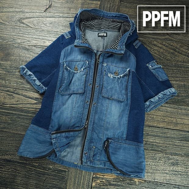 [PPFM 피피에프엠] 하프 슬리브 슬림핏 후드 집업 데님 M20965