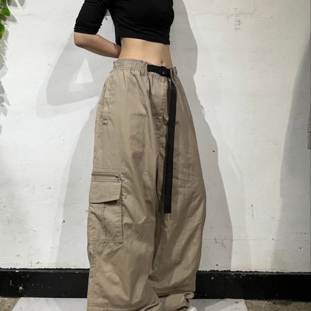 일본 빈티지 베이지 절개 포인트 와이드 카고 팬츠 L