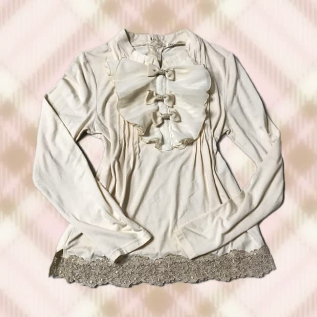 엑시즈팜 라떼 셔링 리본 니트 블라우스 히메 갸루 러블리 로걀 빈티지