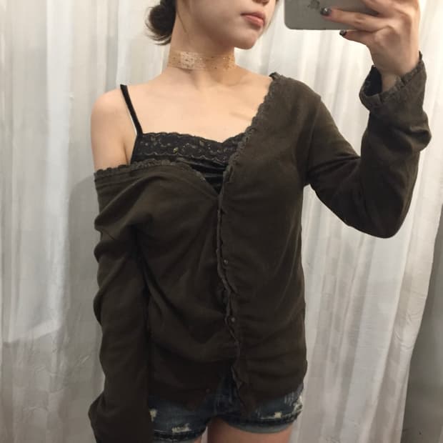 Regard caressant 모리걸 갸루 브라운 레이스 가디건