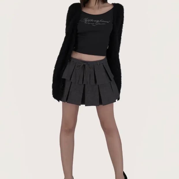 클리시어 휘핑크림 플리츠 스커트 그레이 s 치마 리본