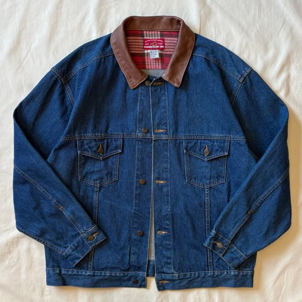 [XL/110] 90s USA Marlboro 레더 칼라 데님 자켓