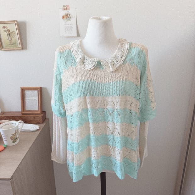 아오이유우 핑크도트티셔츠+그물니트 레이어드 세트