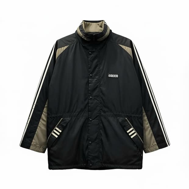 아디다스 하이넥 롱 점퍼 삼선 허리 밑단 스트링 디테일 블랙