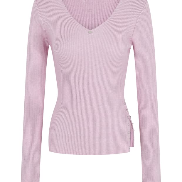 페일제이드 사이드 슬릿 브이넥 리브드 니트 핑크