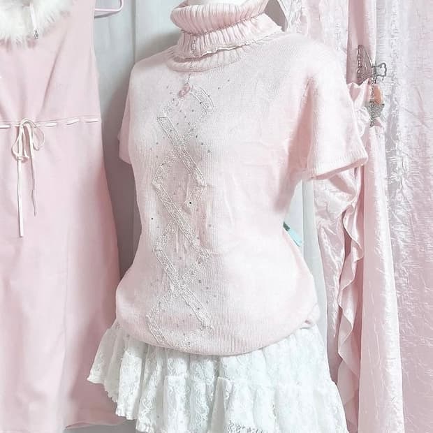 딸기우유 핑크 반팔 목폴라 니트