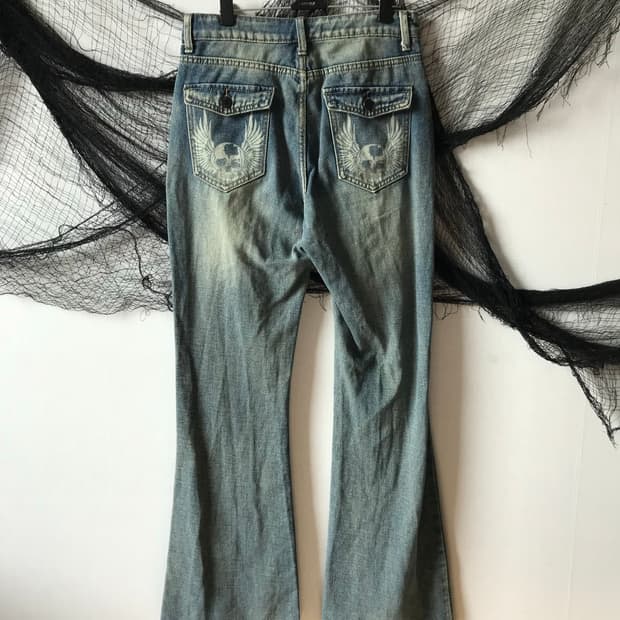 00s skull printing bootscut denim pants 