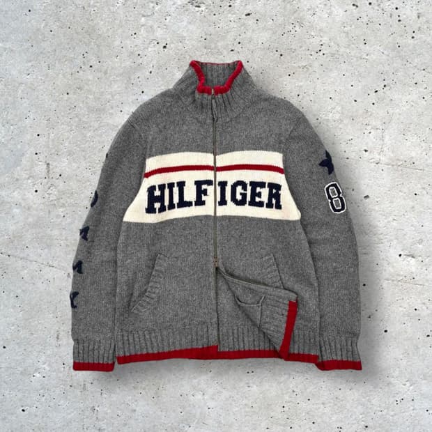 타미힐피거 빅로고 더블집 니트 가디건