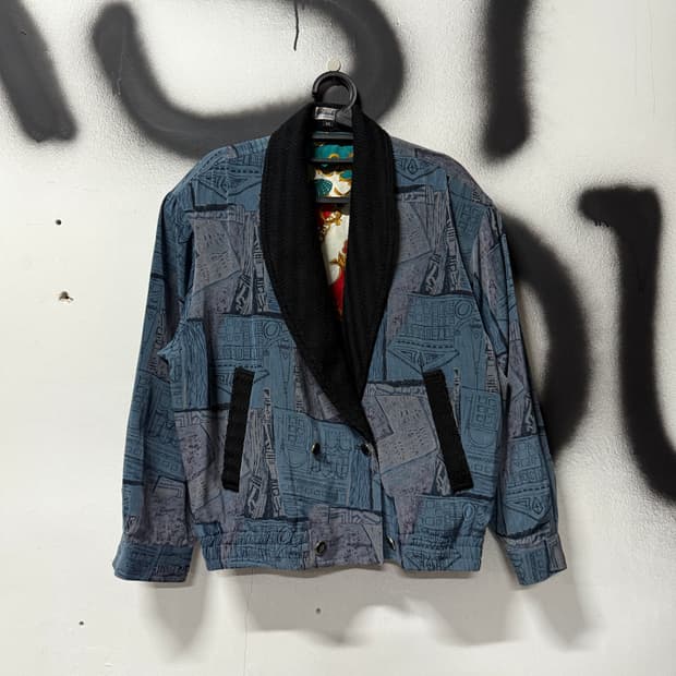 VTG 빈티지 에스닉 바로크 풀 패턴 퀼팅 더블 버튼 블루종 자켓