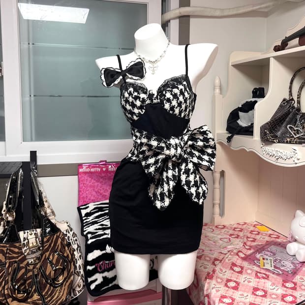 MA*RS마즈 오네갸루 하운드투스 트위드 리본 원피스 일본빈티지 핀터