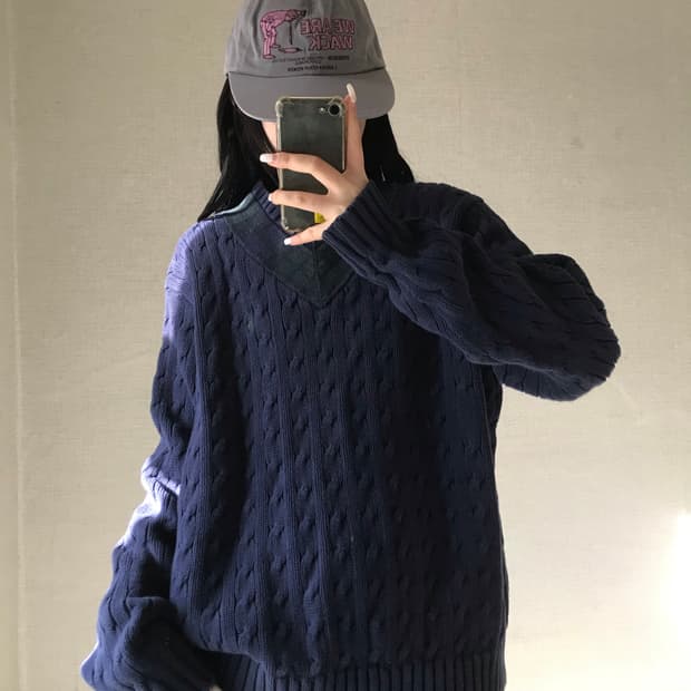 폴로 네이비 오버핏 케이블 니트