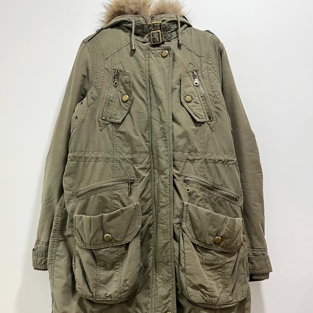 일본 빈티지 카고 포켓 넥버클 퍼야상 자켓