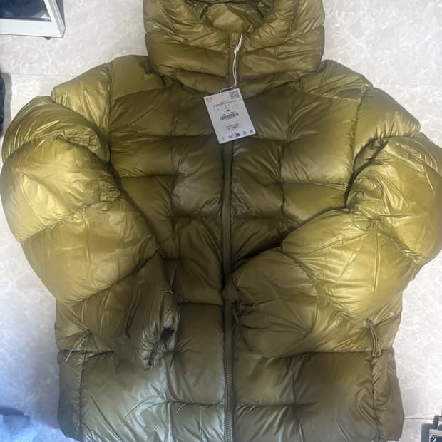 L사이즈 자라 오리진스 후드 다운 패딩 라임 3918/608