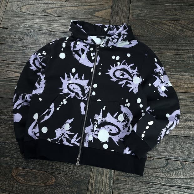 [약스튜디오] 멀티 패턴 루즈핏 후드 집업 블랙 M18268