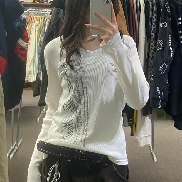 M)Japanese vintage 여성 레터링 브이넥 롱슬리브