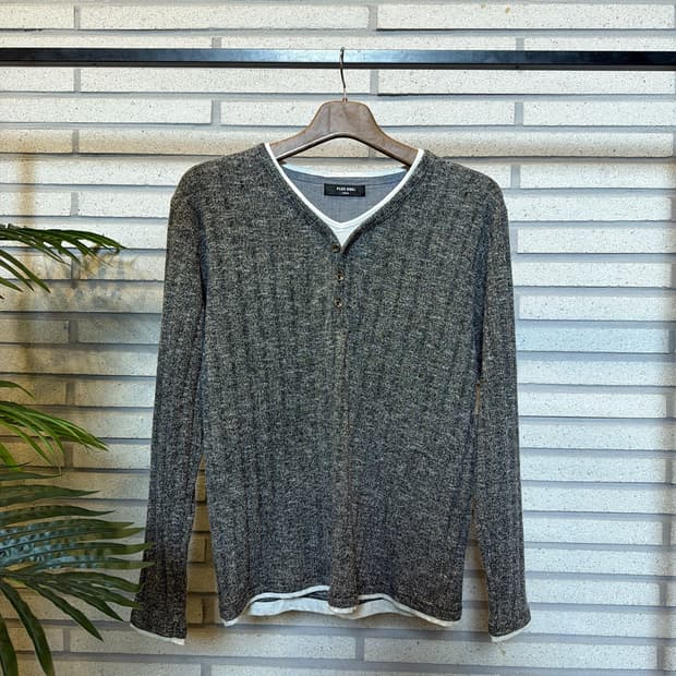 JPN VINTAGE 헨리넥 레이어드 긴팔 니트 미니멀버튼 디테일 그레이