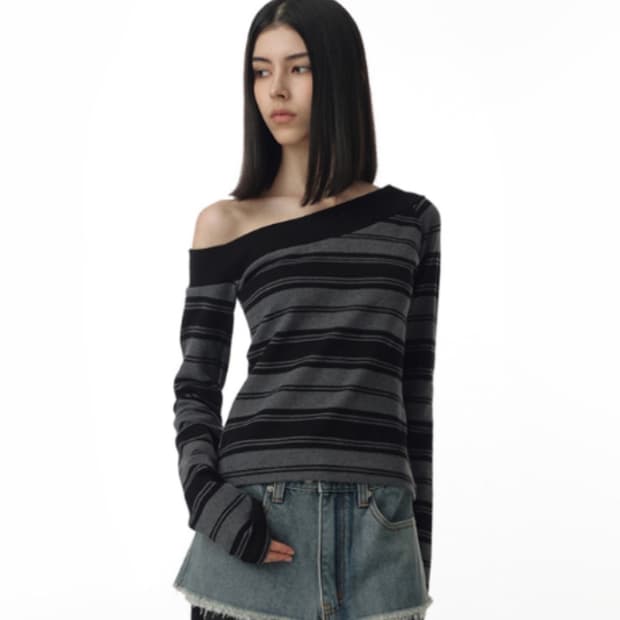 MILLO WOMEN 스트라이프 오프숄더 티셔츠