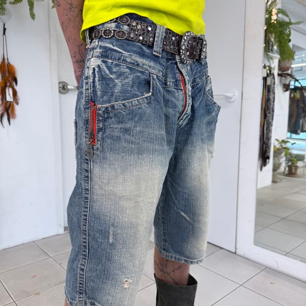 washed denim half pants