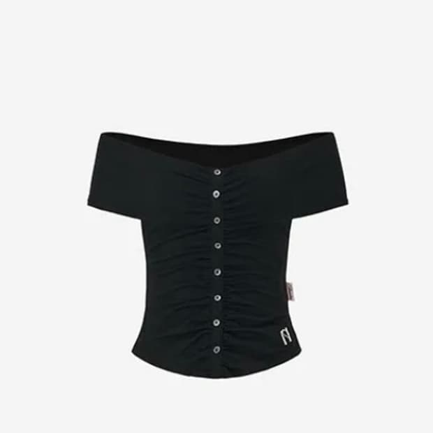 뉴얼린 버튼 셔링 오프숄더 탑