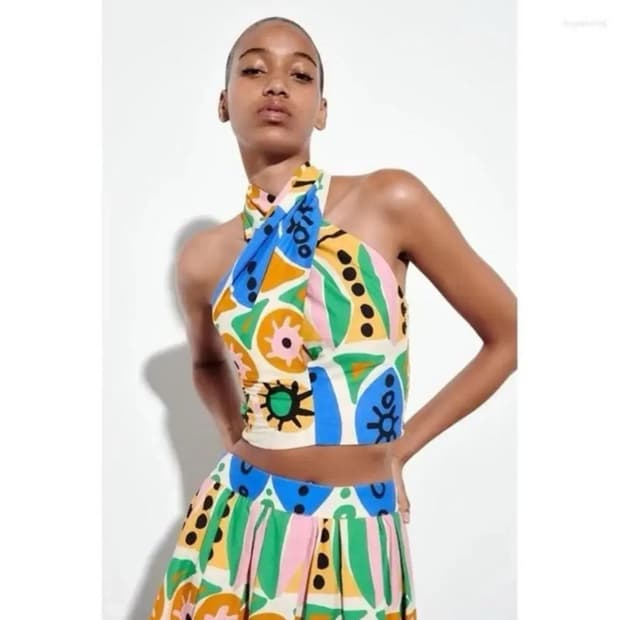 자라 코튼 홀터넥 슬리브리스 프린팅 탑 M 새상품