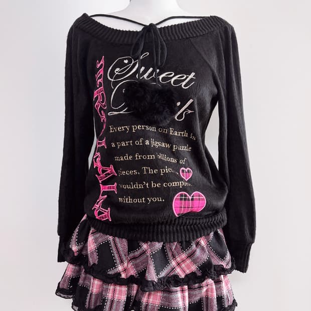 Tralala 트랄랄라 캐캐체깔 핑크체크 블랙폼폼니트