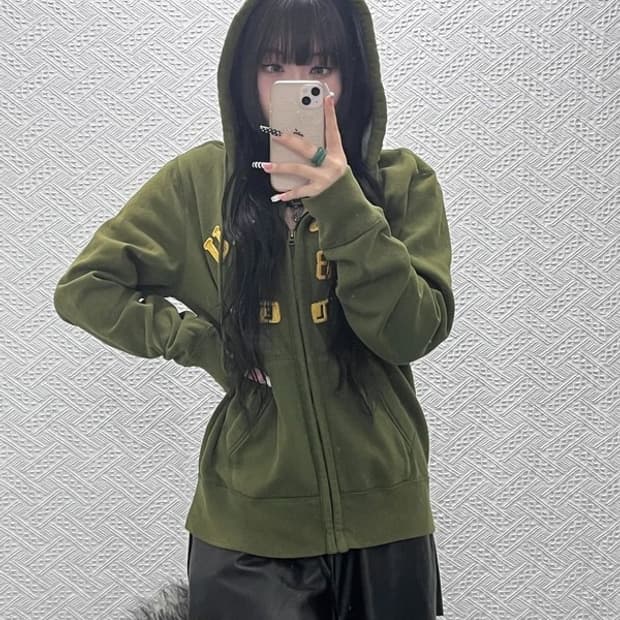 후아유 Y2K 레트로 말차카키 데미지 후드집업 XL C10096