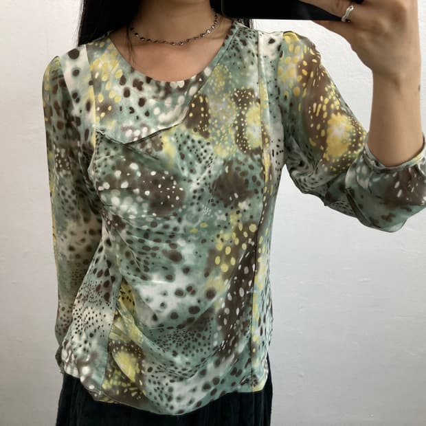 민트 도트 프린팅 긴팔 블라우스