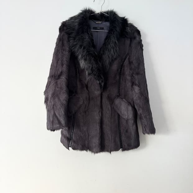 Stitch leather mix fur jacket / grey