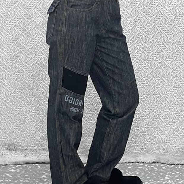 푸부 올드스쿨 레트로 스트릿 펑크 레터링 데님팬츠 30인치 C10165