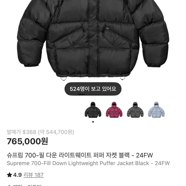 슈프림 700 필다운 라이트웨이트 패딩 24FW