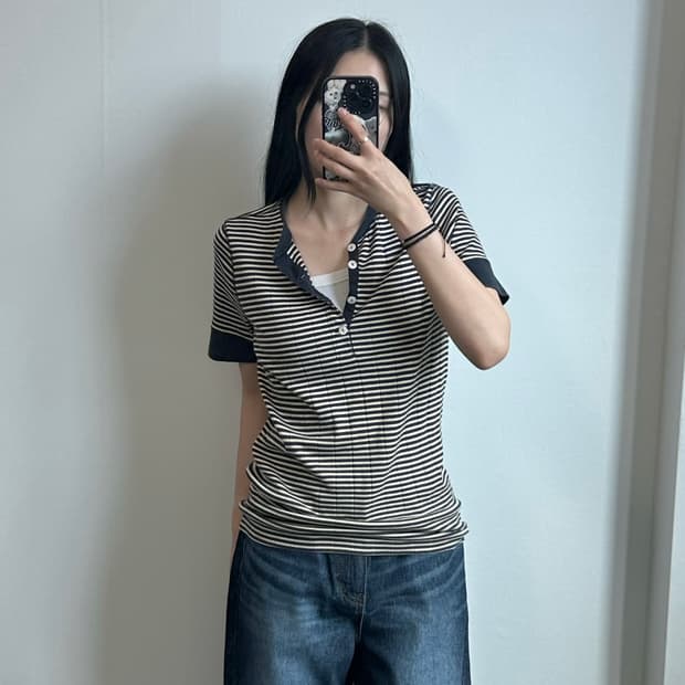 폴로 랄프로렌 단가라 헨리넥 반팔 티셔츠