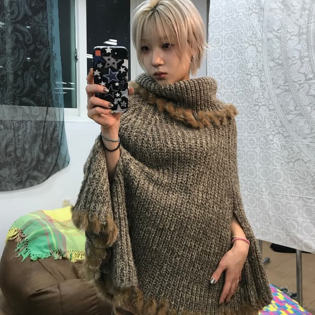 빈티지 여성 목폴라 니트 판쵸 