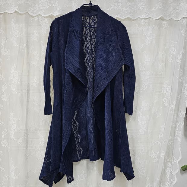 플리츠 네이비 레이스롱 가디건